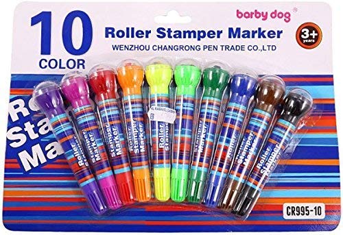 Praxon Kids Drawing Sketch Pen With Roller Stamp with Water Based Ink for Return Gift for Kids - Dual Tip Marker Set Highlighter Sketch Pen - 2 in 1 Combo Marker Pen Roller Stamp - Set of 10