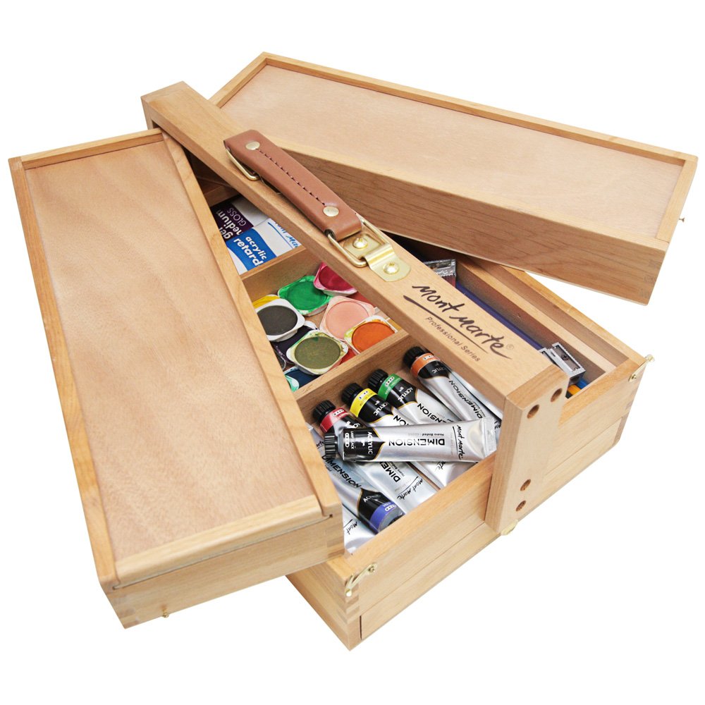 Mont Marte Multi-Purpose Wooden Art Box. 3 Layers of Storage for Organizing  Art Supplies. Features a Leather Carry Handle for Easy Transport -  Stationery World