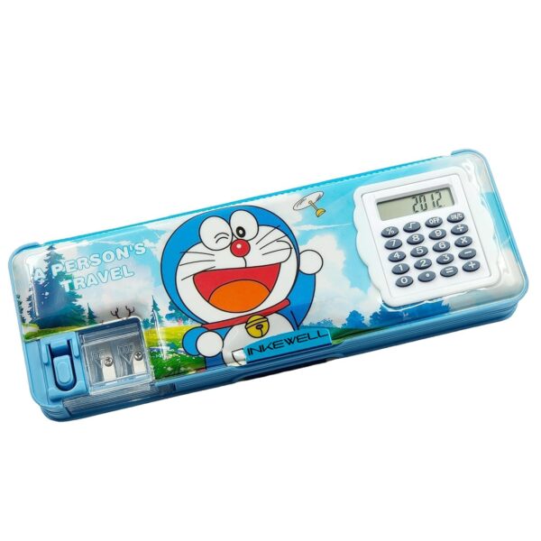 Doraemon Cartoon charactor Theme Pencil Box Geometry Box with Calculator & Integrated Sharpener & Dual Side Magnetic Flap Pencil Box for Kids | Best Return Gift for Kids